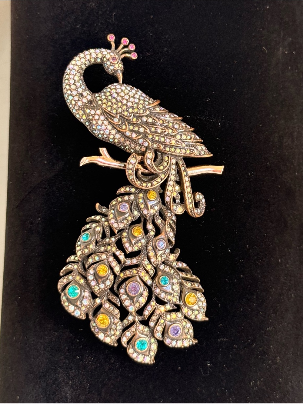 VTG Joan Rivers Peacock Brooch Classic Collection Rhinestones AB Crystals Bronze